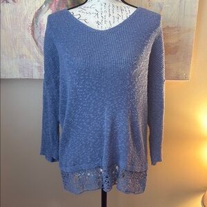 LOFT Blue Knit Top with Lace Hem
